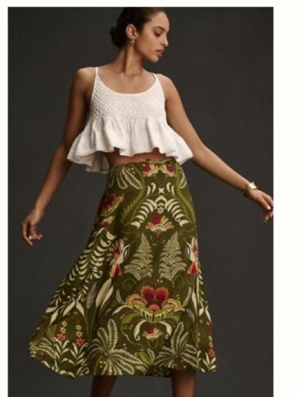 Anthropologie Olive Floral Print Midi Skirt